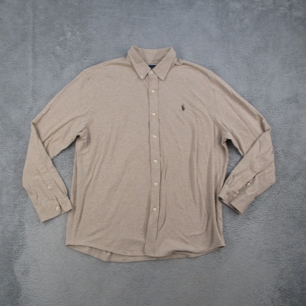 Polo Ralph Lauren Mens XXL Tan Featherweight Mesh Button Down Shirt Long Sleeve